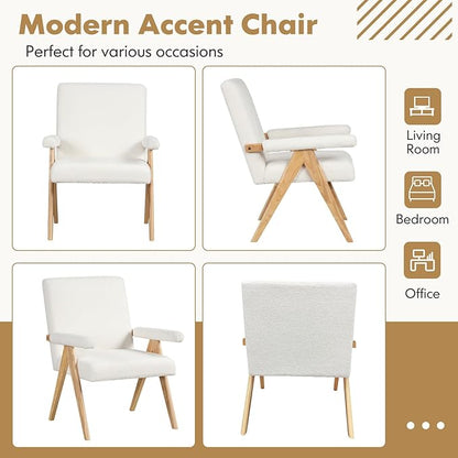 Giantex Mid-Century Modern Accent Chairs Set of 2, Sherpa Fabric Reading Chair with Padded Armrests, Solid Rubber Wood Frame, Upholstered Side Arm Chair for Living Room, Bedroom, Office, Beige
