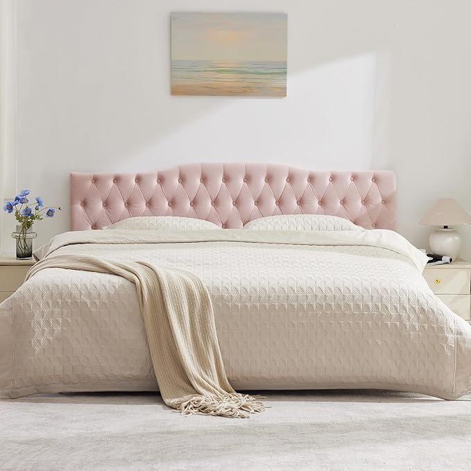 Upholstered King Headboard, Button Diamond Tufted Headboard with Adjustable Height and Solid Wood Leg, Velvet Padded Headboards for King Size Bed, Modern Head Board (Pink)