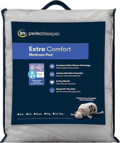 Serta Air Dry Extra Comfort Performance Fabric Quilted Mattress Pad, Cooling and Breathable Mattress Cover, Moisture Wicking Protection with 15" Deep Pocket, Full, White