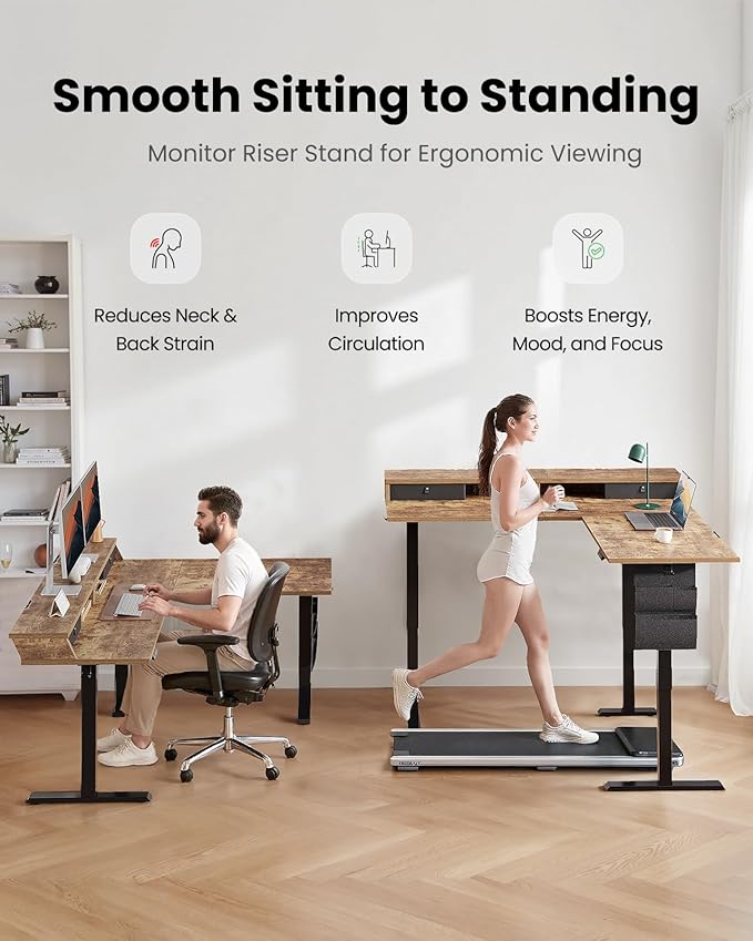 ErGear L Shaped Electric Standing Desk, 63" Ergonomic Corner Height Adjustable Desk with Drawers, Sit Stand Computer Table with Storage for Work Office Home, Vintage Brown