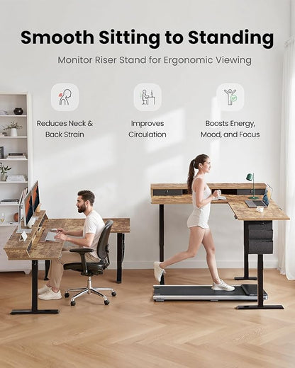 ErGear L Shaped Electric Standing Desk, 63" Ergonomic Corner Height Adjustable Desk with Drawers, Sit Stand Computer Table with Storage for Work Office Home, Vintage Brown