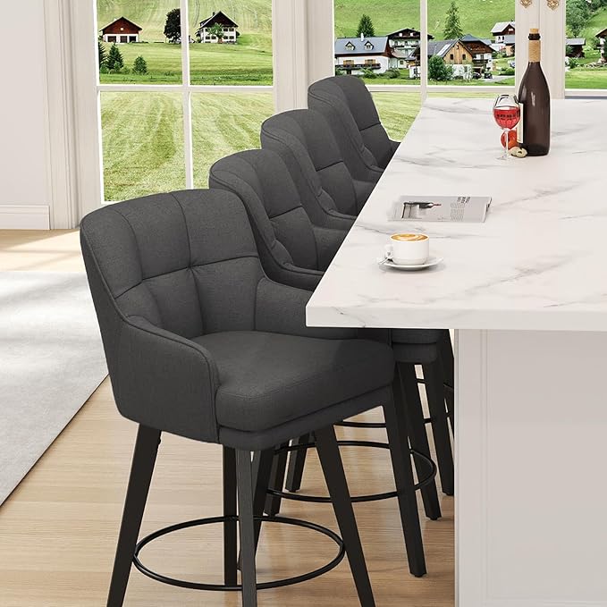 360°Swivel Counter Height Bar Stools with Back, 30 inch Solid Wood Legs, Bar Stool Modern Kitchen Island Chairs, Fabric (Black Grey- Fabric, 30" H- Set of 3)