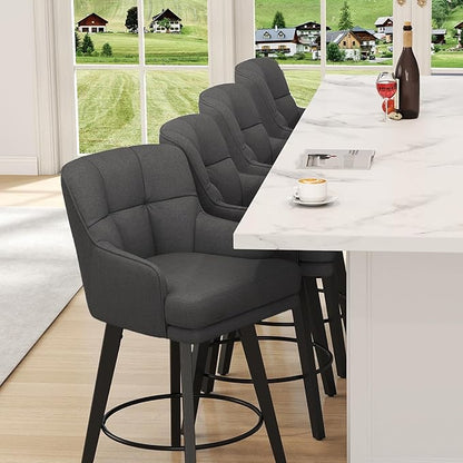 360°Swivel Counter Height Bar Stools with Back, 30 inch Solid Wood Legs, Bar Stool Modern Kitchen Island Chairs, Fabric (Black Grey- Fabric, 30" H- Set of 4)