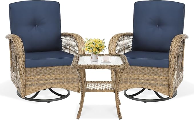 VIVIJASON 3-Piece Outdoor Conversation Bistro Set, Patio Swivel Glider Rocking Chairs Rattan Furniture Sets w/ 2 Rattan Chairs, Cushions, Glass Top Side Table for Porch Backyard, Navy Blue