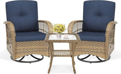 VIVIJASON 3-Piece Outdoor Conversation Bistro Set, Patio Swivel Glider Rocking Chairs Rattan Furniture Sets w/ 2 Rattan Chairs, Cushions, Glass Top Side Table for Porch Backyard, Navy Blue