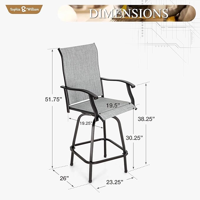 Sophia & William Swivel Bar Stools Set of 2, Bar Height Chairs, Outdoor Bar Chairs, High Top Patio Chairs, Supports 300 lbs (Grey Fabric)