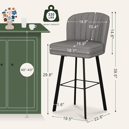 Swivel Counter Height Bar Stools Set of 4, 30'' Modern Barstools with Backs and Metal Legs, Upholstered Bar Chairs,Mid-Gray,Fabric Stools for Kitchen Island Chairs