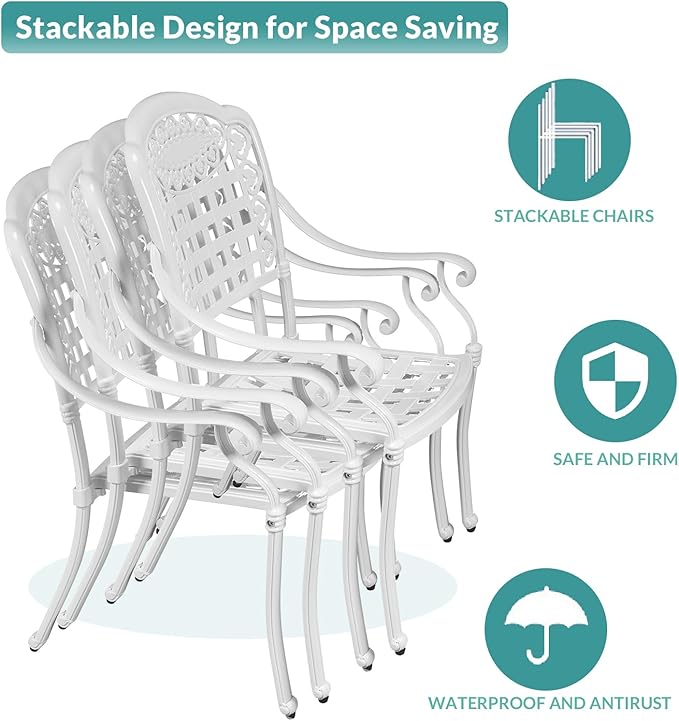 MEETWARM 9-Piece Outdoor Furniture Dining Set, All Weather Cast Aluminum Patio Garden Set with 8 Chairs,1 Oval Table, 2" Umbrella Hole, White