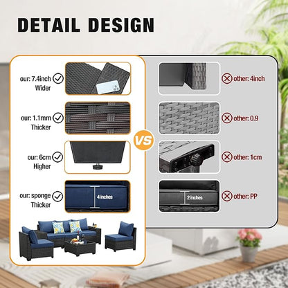 6 Pieces Patio Furniture Set All-Weather Outdoor Wicker Sectional Conversation Sofa Rattan Patio Seating Sofa with Cushion and Glass Table for Porch Poolside,Navy