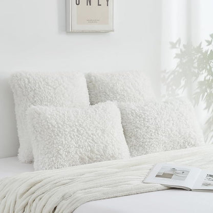 FUTEI Cream White Decorative Throw Pillow Covers 16x16 Inch Set of 2,Soft Fluffy Faux Wool Fur Boucle Textured Cushion Case,Modern Home Decor for Couch Bed Living Room Office