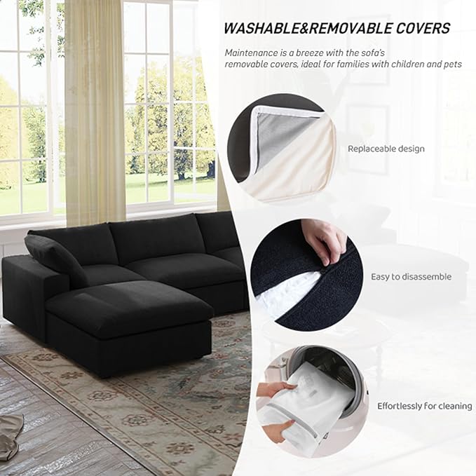 Cloud Couch Modular Sectional Sofa,160.6" L Shaped Convertible Sectional Sofas with Storage Ottoman for Living Room,Minimalist Deep 5 Seater, Covers Washable&Replaceable(Black)