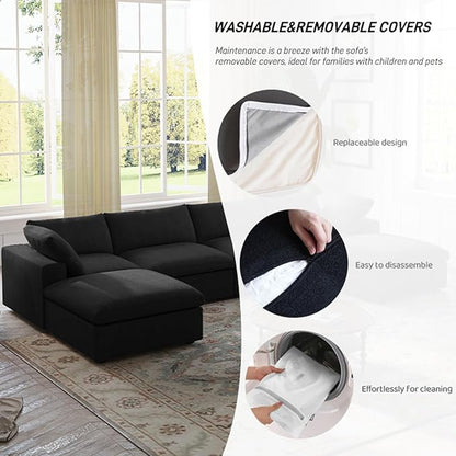 Cloud Couch Modular Sectional Sofa,160.6" L Shaped Convertible Sectional Sofas with Storage Ottoman for Living Room,Minimalist Deep 5 Seater, Covers Washable&Replaceable(Black)