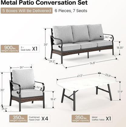 6 Piece Metal Outdoor Patio Furniture Sets, Patio Conversation Sets 1 3-Seater Sofa, 4 Single Sofa with 5.75" Thick Cushion & Coffee Table, Black Frame Backyard Furniture, Light Gray