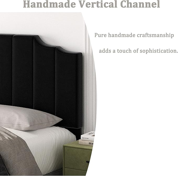 Queen Size Headboard Only, Velvet Wall Mounted Headboard Queen Size for Adjustable Bed, Modern Vertical Channel Design with Curved Tufted Upholstered Head Board and Luxury Soft Padded, Black