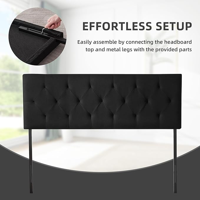 Linen Fabric Upholstered Headboard Queen Size, Modern Diamond Tufting Solid Wood Queen Headboard Only, Adjustable Height from 37” to 51” Head Board, Bed Frame or Wall Mount Headboards, Black