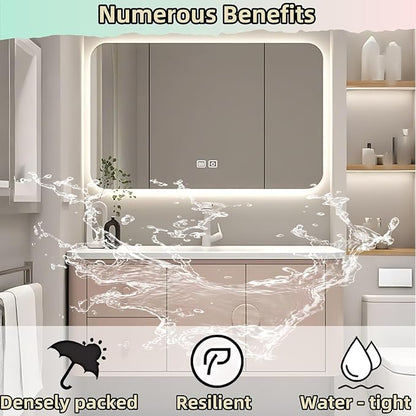 60IN Pink Modern Bathroom Vanity - Bathroom Vanities Set with 2 Drawers Wall Mounted | Rounded Corner Smart Defogging Mirror Cabinet with Lighting & Time Display, Side Opening Storage Shelf (Style A)