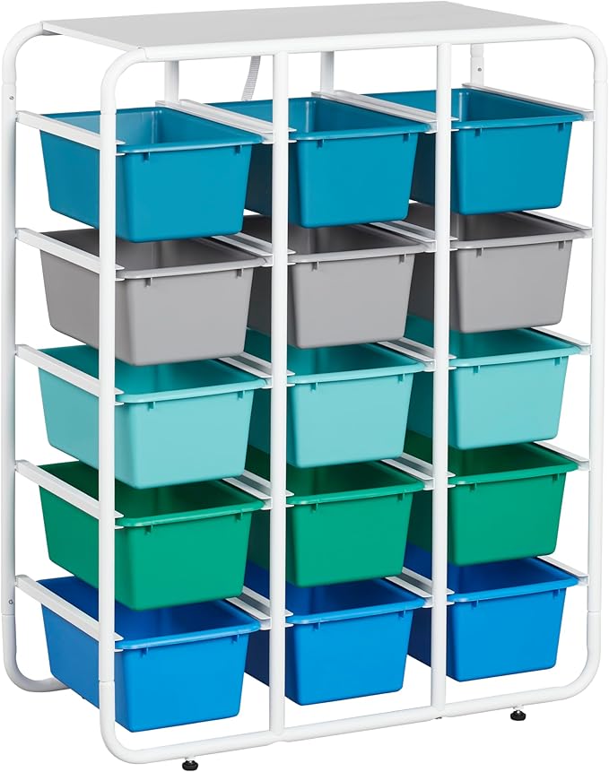 ECR4Kids 5-Tier Storage Rack with 15 Cubby Bins 5x3, Multipurpose Organization, Contemporary