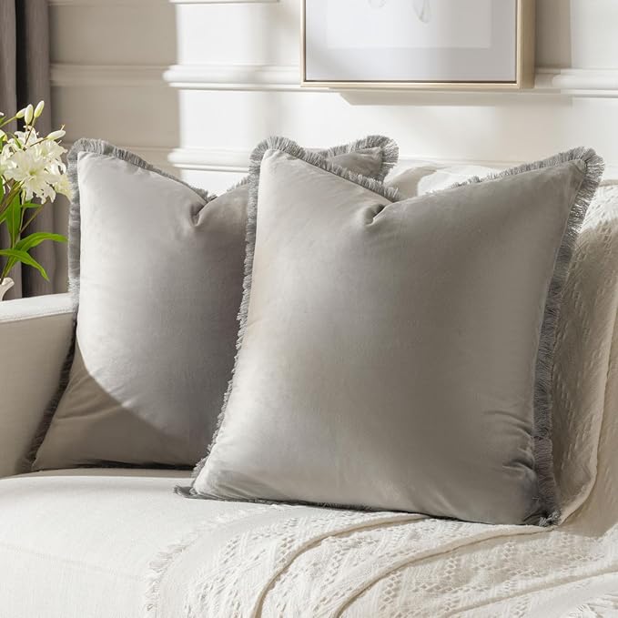FUTEI Grey Velvet Decorative Throw Pillow Covers 20x20 Set of 2,Soft Cozy Edge with Tassels Cushion Case,Boho Modern Home Decor for Couch Bed Living Room