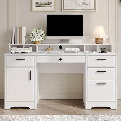 Executive Desk with Hutch, 58 Inch White Computer Desk with 5 Drawers, Home Office Desk with Storage, Rustic Desk with Adjustable Shelves and Storage Cabinet for Bedroom