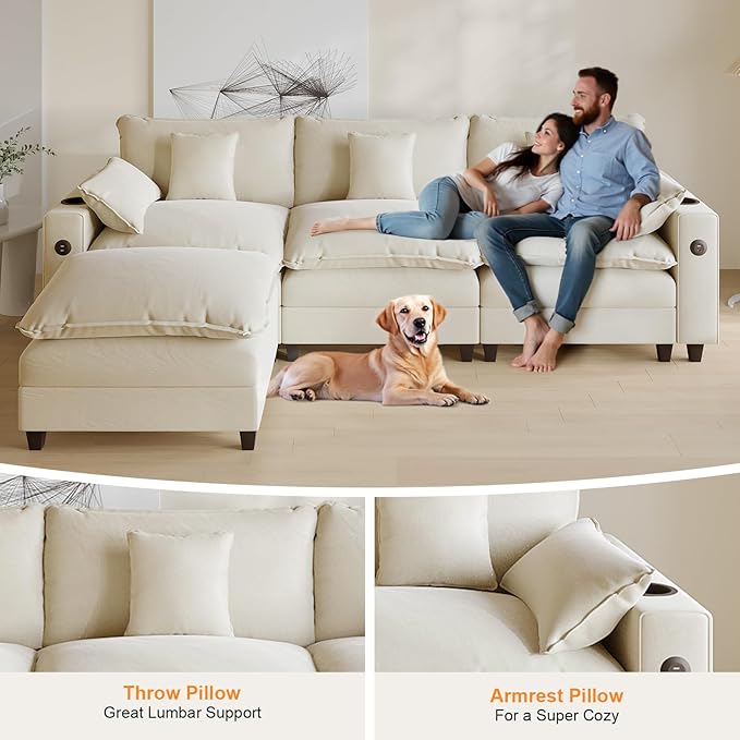 Cloud Couch, Modular Sectional Sofa with Ottoman, Charging Station, Throw Pillows, Cup Holders, Modern Convertible L Shaped Couches for Living Room, Bedroom (White, 116"- L Shape)