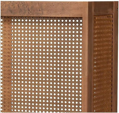 Eclectic Escape Mid-Century Modern Ash Wanut Finished Wood and Synthetic Rattan Wrap-Around Headboard Queen