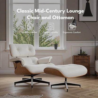 Top Grain Leather, Mid Century Chaise Lounge Chair and Ottoman, Reading Chair, Accent Lounge Chair, Modern Chair, Classic Design, Heavy Duty Base Support for Living Room Lounge Office, Walnut-White