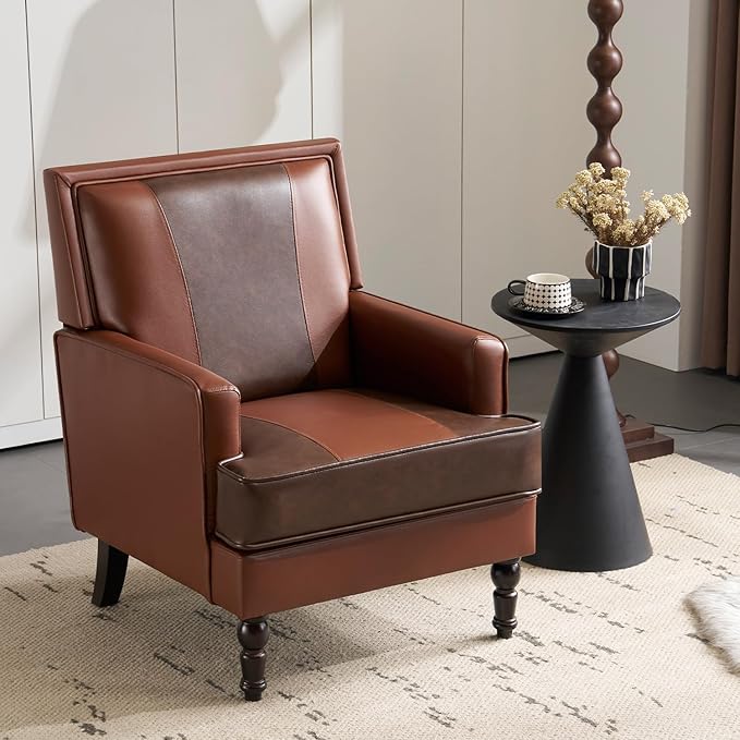 MOJAY Faux Leather Accent Chairs Set of 2, Mid-Century Modern Upholstered Lounge Armchair, Comfy Club Chair for Living Room, Bedroom, Study & Reception (Brown)