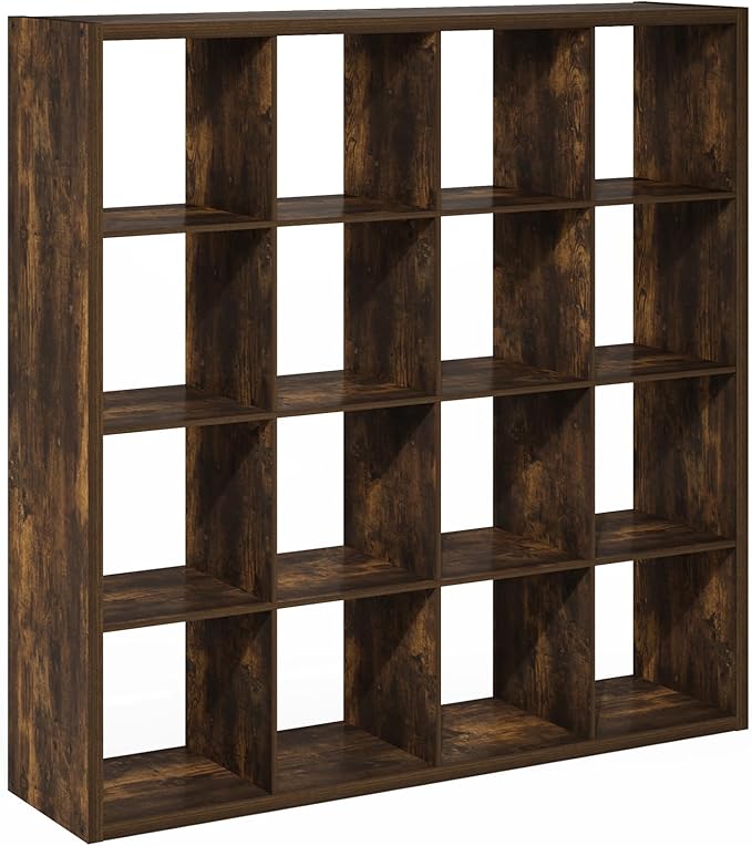 Furinno Cubicle Book Shelf, 16-Cube Thick Frame Bookshelf, Reversible Bookcase with Open Back, 14.6 x 57.8 x 58, for Living Room, Bedroom, Home Office, Amber Pine