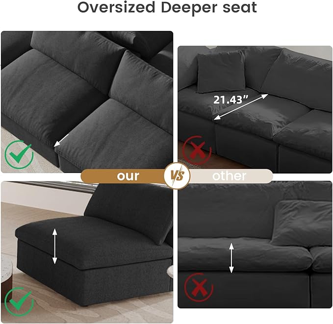 Cloud Couch Modular Sectional Sofa with Storage Ottoman,160.6" L Shaped Couch for Living Room,Down Filled 5 Seater Black Convertible Sectional Sofas,Covers Washable&Replaceable