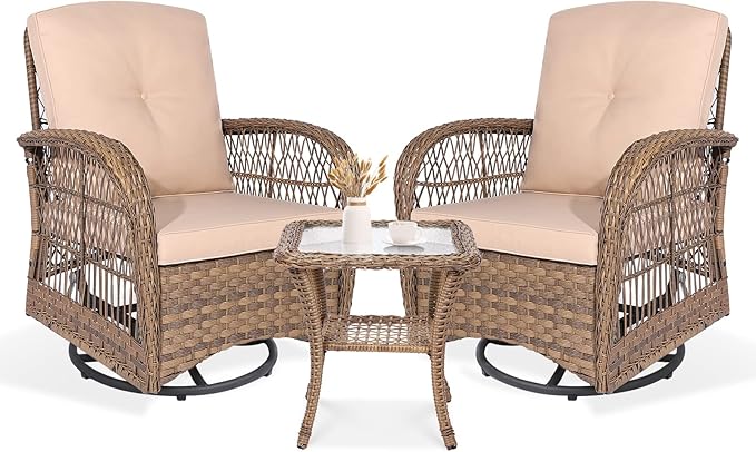 VIVIJASON 3-Piece Outdoor Conversation Bistro Set, Patio Swivel Glider Rocking Chairs Rattan Furniture Sets w/ 2 Rattan Chairs, Cushions, Glass Top Side Table for Porch Backyard, Light Brown