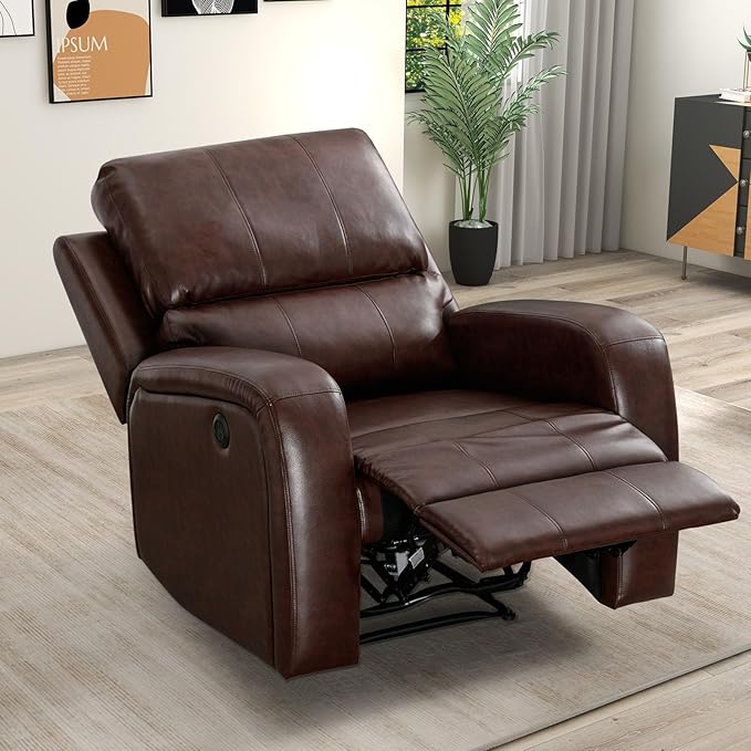 Electric Recliner Chair, Soft PU Leather Power Recliners with Padded Backrest, Single Overstuffed Heavy Duty Reclining Sofa for Living Room Bedroom, Brown