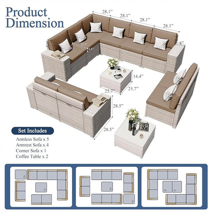 12-Piece Patio Furniture Set, Outdoor Extra Wide Armrest Modular Patio Sofa, Dual-Strand Rattan Wicker, Rust-Resistant Frame, Backyard High Back, Large Seat Furniture for Porch Garden Balcony, Khaki