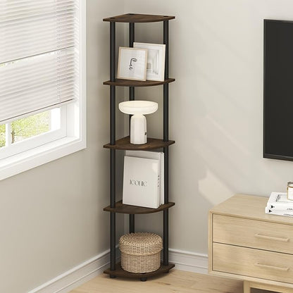 Furinno Turn-N-Tube Corner Shelf, 5-Tier Corner Bookshelf, Open Storage Shelves, for Organization and Storage, Living Room, Home Office, Garage, Bedroom, Amber Oak