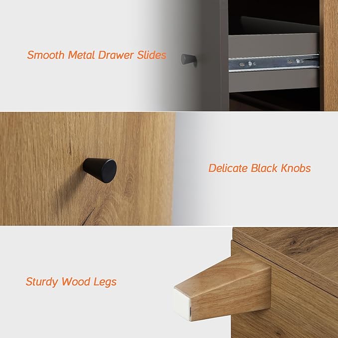 WAMPAT Set of 3 Storage Cabinets for Living Room, Modern Wood Accent Cabinets Sideboard with Drawers, Doors, and Adjustable Shelves for Dining Room, Kitchen, Entryway, Oak Brown & Dark Grey