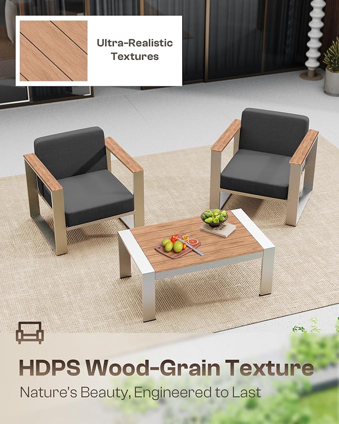 Aluminum Patio Furniture Set, 5 Seats Outdoor Patio Conversation Sets with Ergonomic Seat and Washable Thick Cushions, Modern Outdoor Sectional Furniture for Balcony, Porch (Teak-Charocal)
