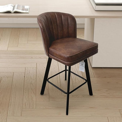 Swivel Counter Height Bar Stools Set of 3, 26'' Modern Barstools with Backs and Metal Legs, Upholstered Bar Chairs, Faux Leather Brown Stools for Kitchen Island Chairs