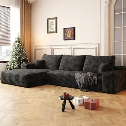 107.5" Boneless L-Shaped Modular Sectional Sofa Couches for Living Room, Corduroy Upholstered Couch with Deep Seat, Large 2-Seater Cloud Sectional Couch, No Assembly, (Black, Left Facing Chaise)