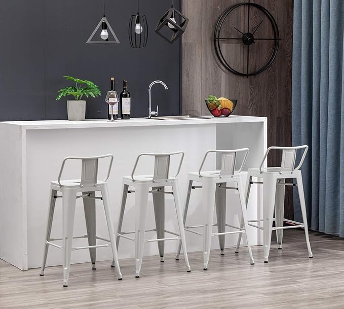 HAOBO Home Modern Industrial Metal Stool [Set of 4] for Indoor/Outdoor Dining Chair (26", Low Back White)
