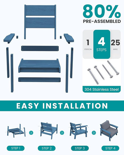SERWALL HDPE Outdoor Couch, Blue Frame and Grey Cushion