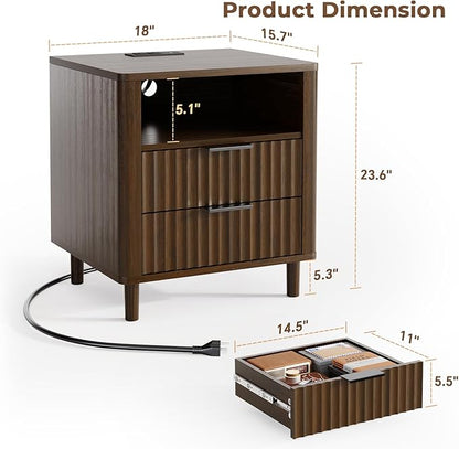 Fluted Nightstand with Charging Station, 2 Drawers Storage Bedside Table, Solid Wood Modern Nightstand with Open Shelf, Curved Profile Design, End Table for Indoor Room Bedroom Office, Walnut