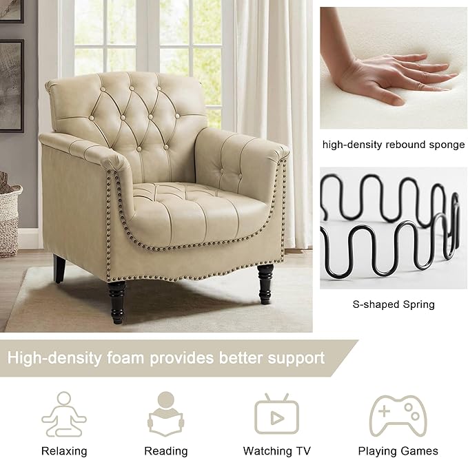 Faux Leather Accent Chairs Set of 4, Upholstered Armchairs with Nailhead Trims & Wood Legs for Living Room, Bedroom, Contemporary Comfy Club Chairs for Office-Beige