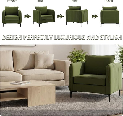 Velvet Accent Chairs Set of 2, Comfy Upholstered Single Sofa Chair Mid-Century Modern Armchair with Thick Cushion and Wood Frame Side Chair for Living Room Bedroom Apartment (Green)