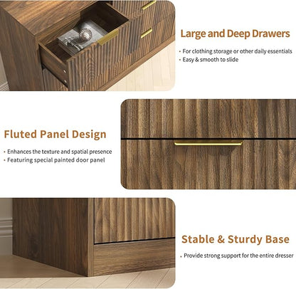 Fluted Wood Dresser for Bedroom,63” Wide 9 Drawer Dresser Mid Century Chest of Drawers Wooden with Gold Handles,Dressers TV Stand Storage Organizer for Closet,Bedroom,Living Room, Walnut