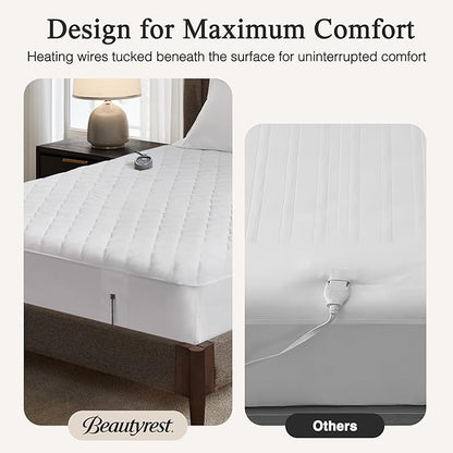 Beautyrest Cotton Heated Mattress Pad - Bed Warmer with 20 Heat Settings Controller, Auto Shut Off Timer, All Around Elastic Deep Pocket, UL Certified, Machine Washable, White Twin