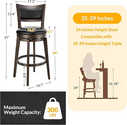 PrimeZone Swivel Bar Stools Set of 2, 24 Inch Counter Height Barstools, Black Faux Leather Bar Stool with High Backrest & Solid Wood Legs & Wrap-around Footrest, Counter Stools for Kitchen Island, Pub