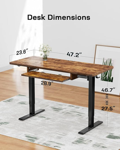Marsail Electric Standing Desk with Ergonomic Keyboard Tray, Adjustable Desk with 27.5” to 46.7” Height Range, 4 Memory Presets, Smooth and Quiet Lifting, 48 x 24 inch Adjustable Height,TZESD14Rustic