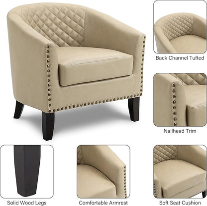 Pia Ricco Faux Leather Barrel Chairs Set of 2, Modern Comfy Accent Chairs, Upholstered Armchair Club Chairs with Nailhead Trim, Single Sofa Barrel Chair for Living Room Reading Room, Beige