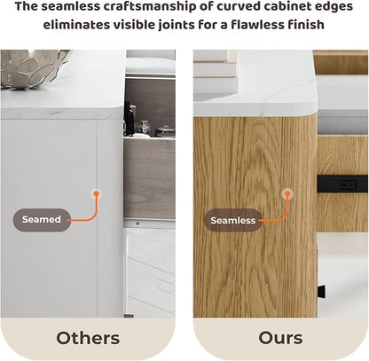 RECCI Fluted 6 Drawers Dresser for Bedroom, 54" Wide Chest of Drawers with 3D Fluted Panel, Faux Marble Top, Solid Wood Legs, Storage Drawers, TV Stand, Closet Chests for Bedroom, Natural Oak