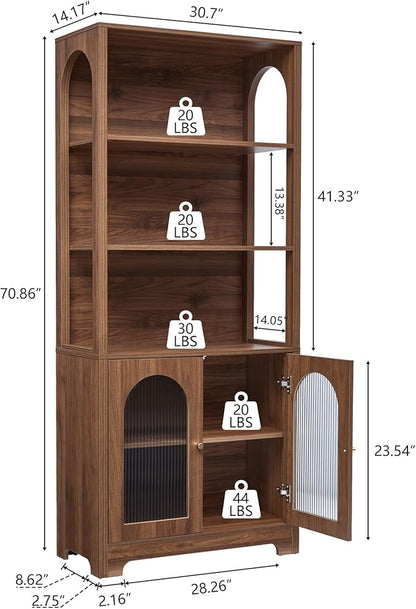 RARZOE Set of 2 Bookshelves and Bookcases, 5-Tier Arched Bookshelf with Glass Doors, Floor Standing 5 Shelf Book case, Wood Display Cabinet Storage Organizer for Living Room, Bedroom, Office(Walnut)