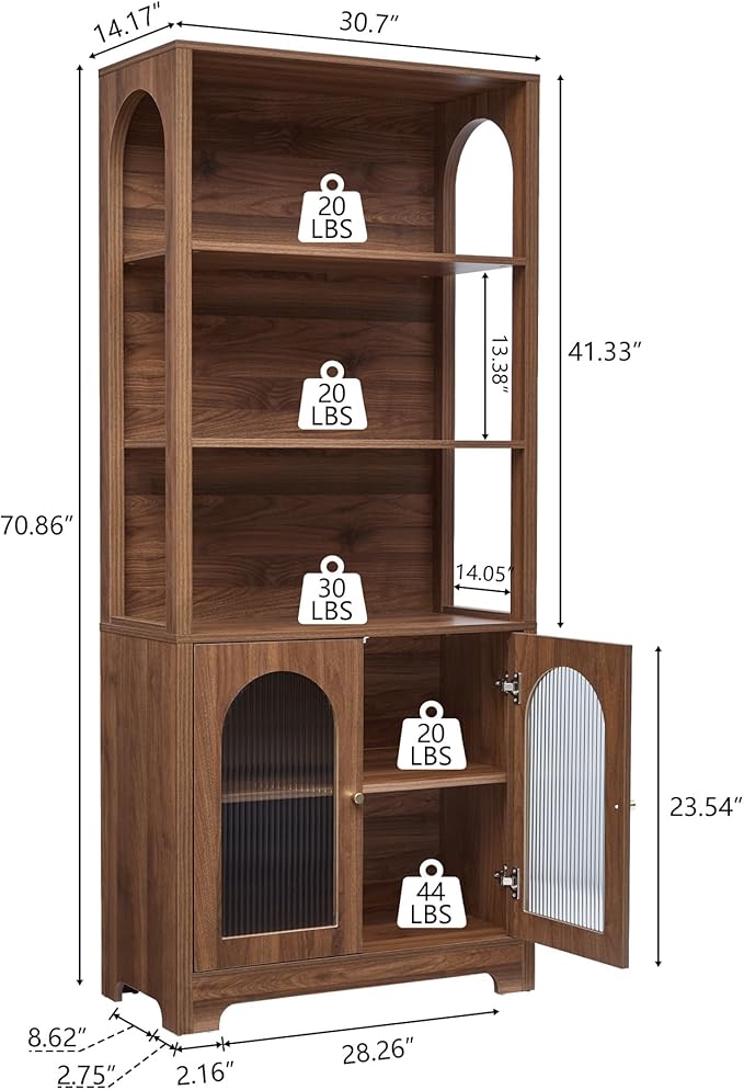 RARZOE 71" Tall Bookshelf and Bookcase, 5-Tier Arched Bookshelf with Glass Doors, Floor Standing 5 Shelf Book case, Wood Display Cabinet Storage Organizer for Living Room, Bedroom, Office(Walnut)